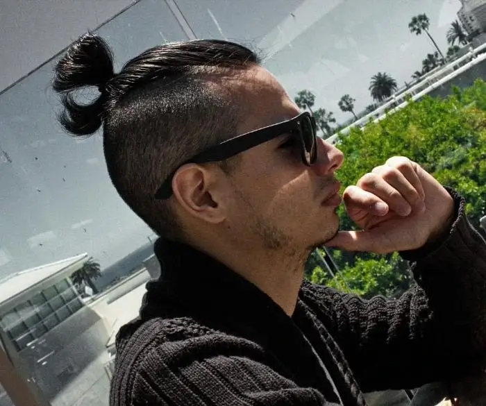long hair masculine like samurai bun