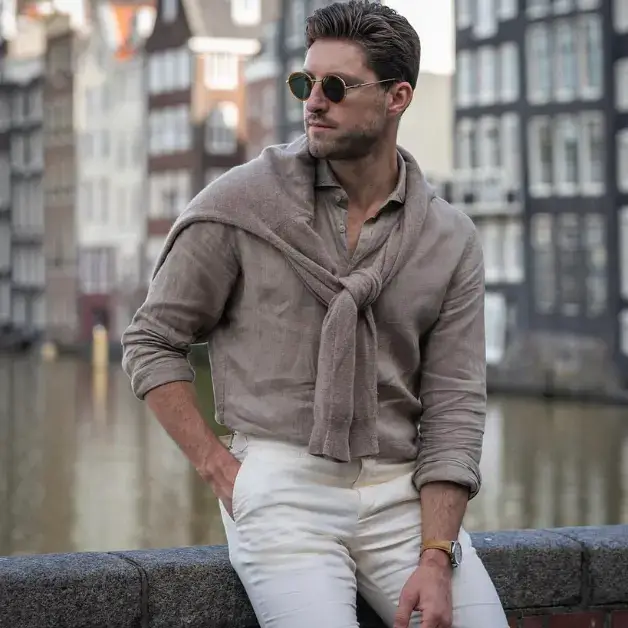 linen shirt with cashmere sweater