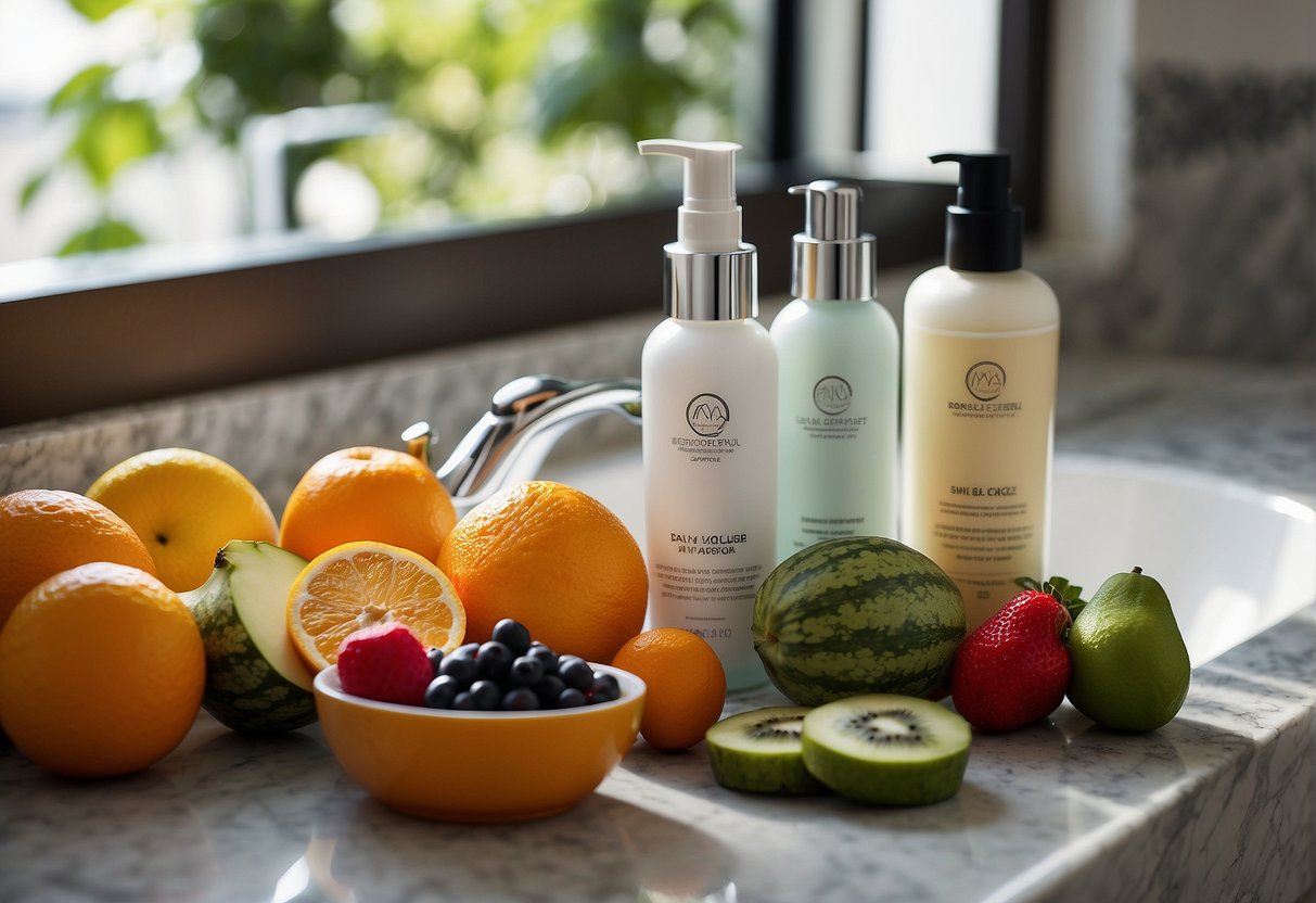 A man's skincare routine: a bathroom counter with cleanser, moisturizer, and sunscreen. A healthy diet and exercise depicted through fruits, vegetables, and workout equipment